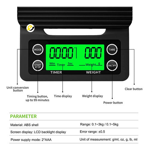 Gramera Digital Con Temporizador Para Verter Y Gotear Cafe