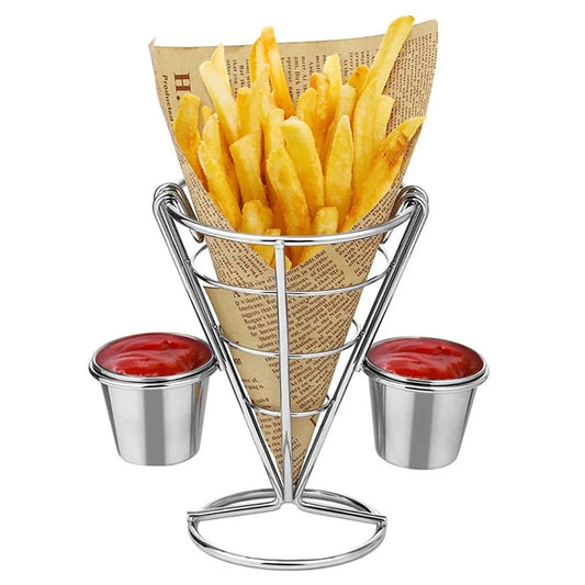 Cono Soporte para Papas Fritas Con 2 Salseras En Acero