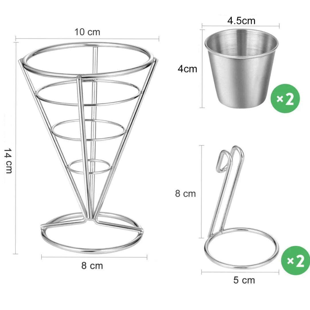 Cono Soporte para Papas Fritas Con 2 Salseras En Acero