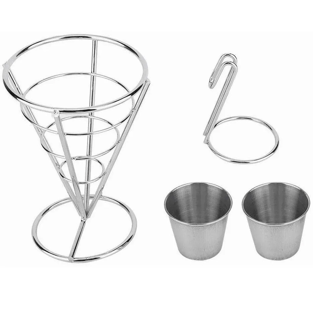 Cono Soporte para Papas Fritas Con 2 Salseras En Acero