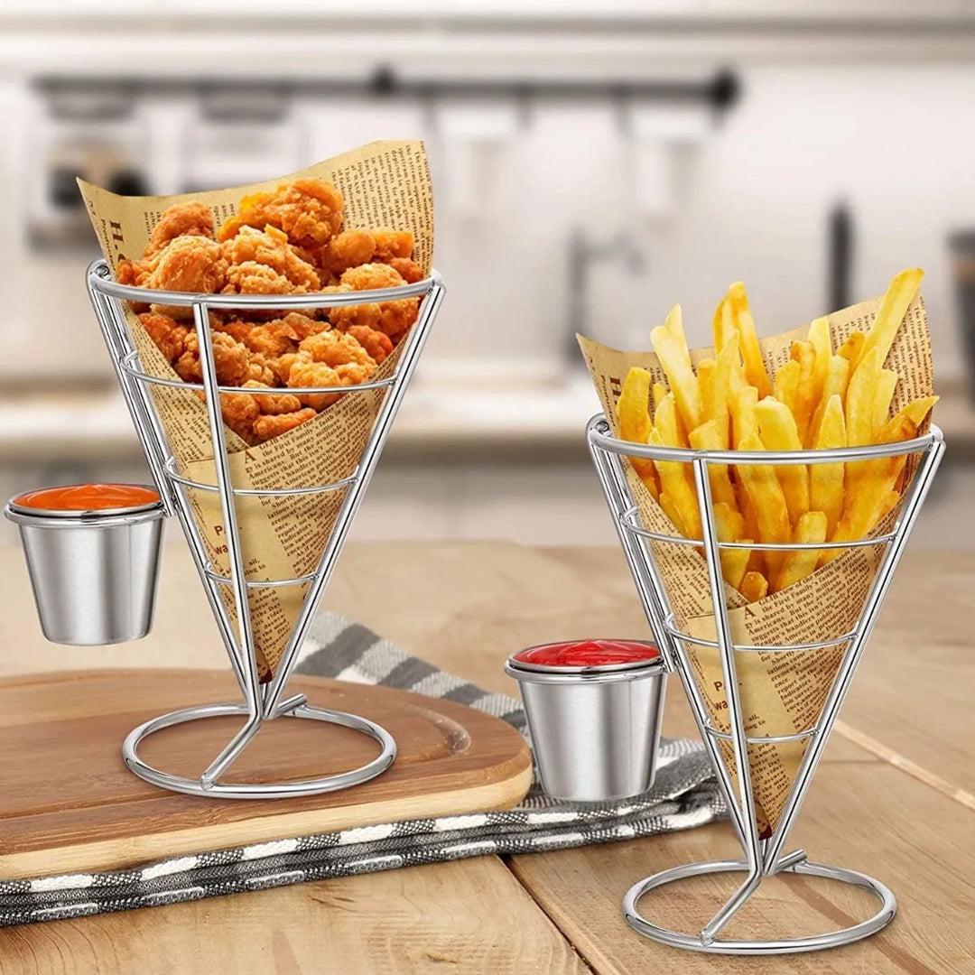 Cono Soporte para Papas Fritas Con 2 Salseras En Acero