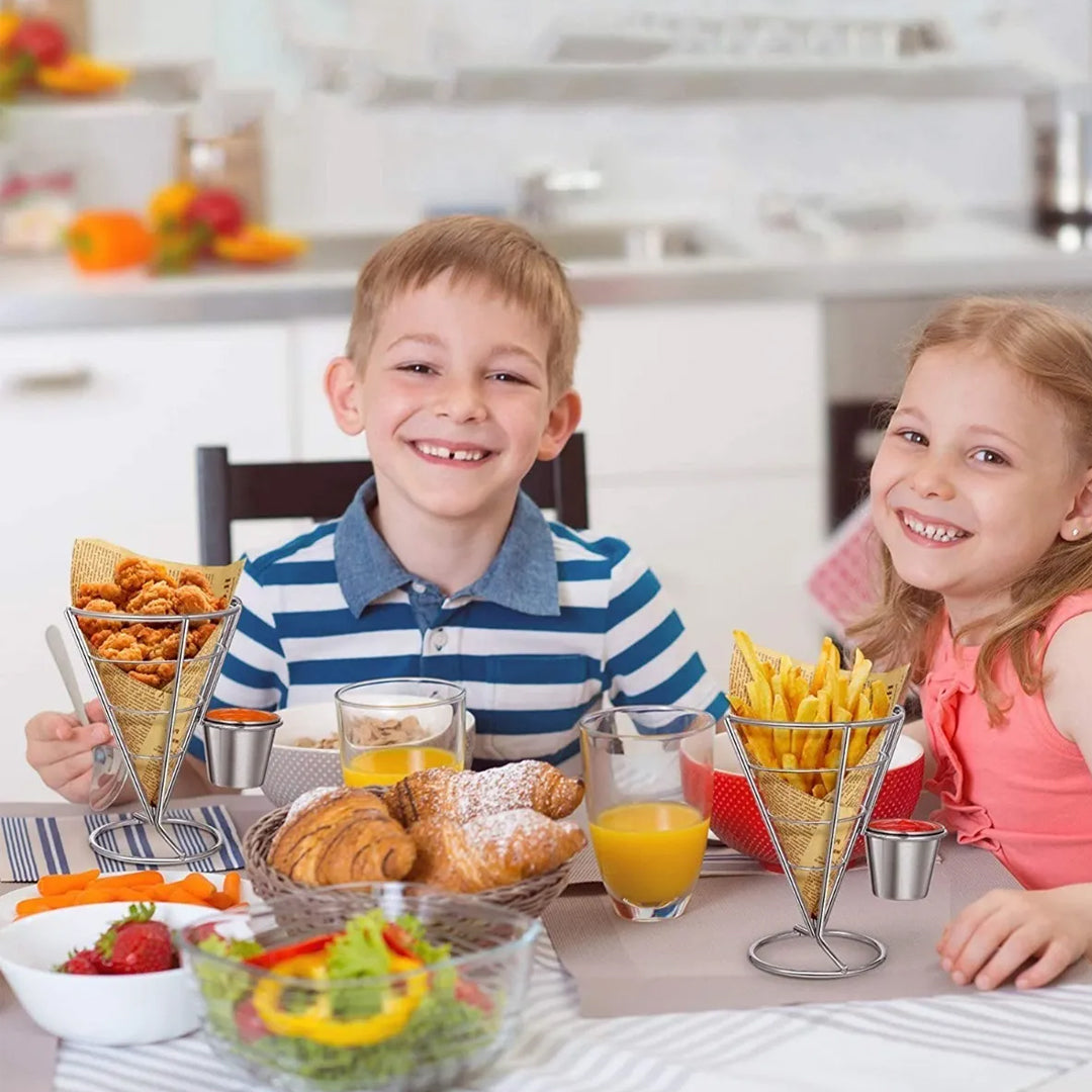 Cono Soporte para Papas Fritas Con 2 Salseras En Acero